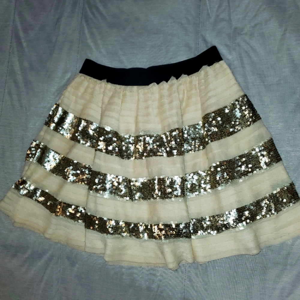 Free People Ruffled Cream Tulle and Gold Sequin Skirt, Small
